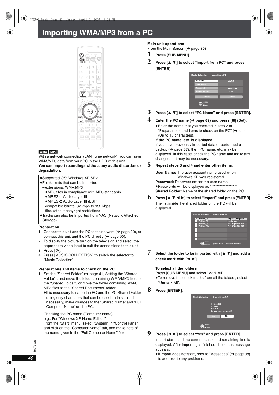 Importing wma/mp3 from a pc | Panasonic SCPTX7 User Manual | Page 40 / 112