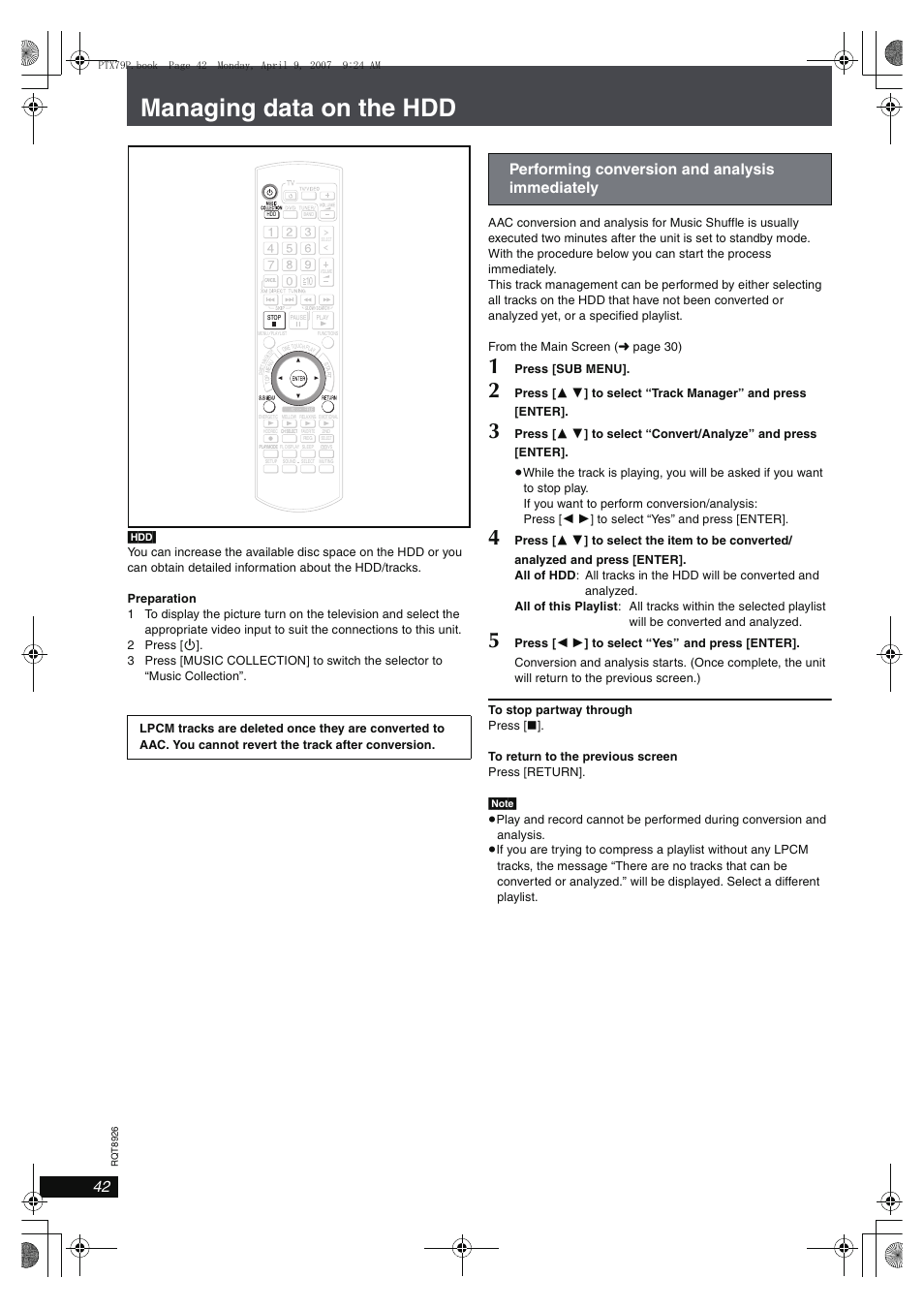 Managing data on the hdd, Performing conversion and analysis immediately | Panasonic SCPTX7 User Manual | Page 42 / 112