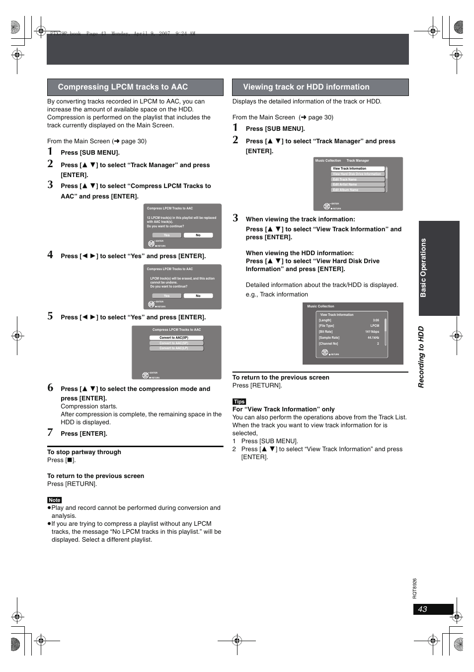 Compressing lpcm tracks to aac, Viewing track or hdd information | Panasonic SCPTX7 User Manual | Page 43 / 112