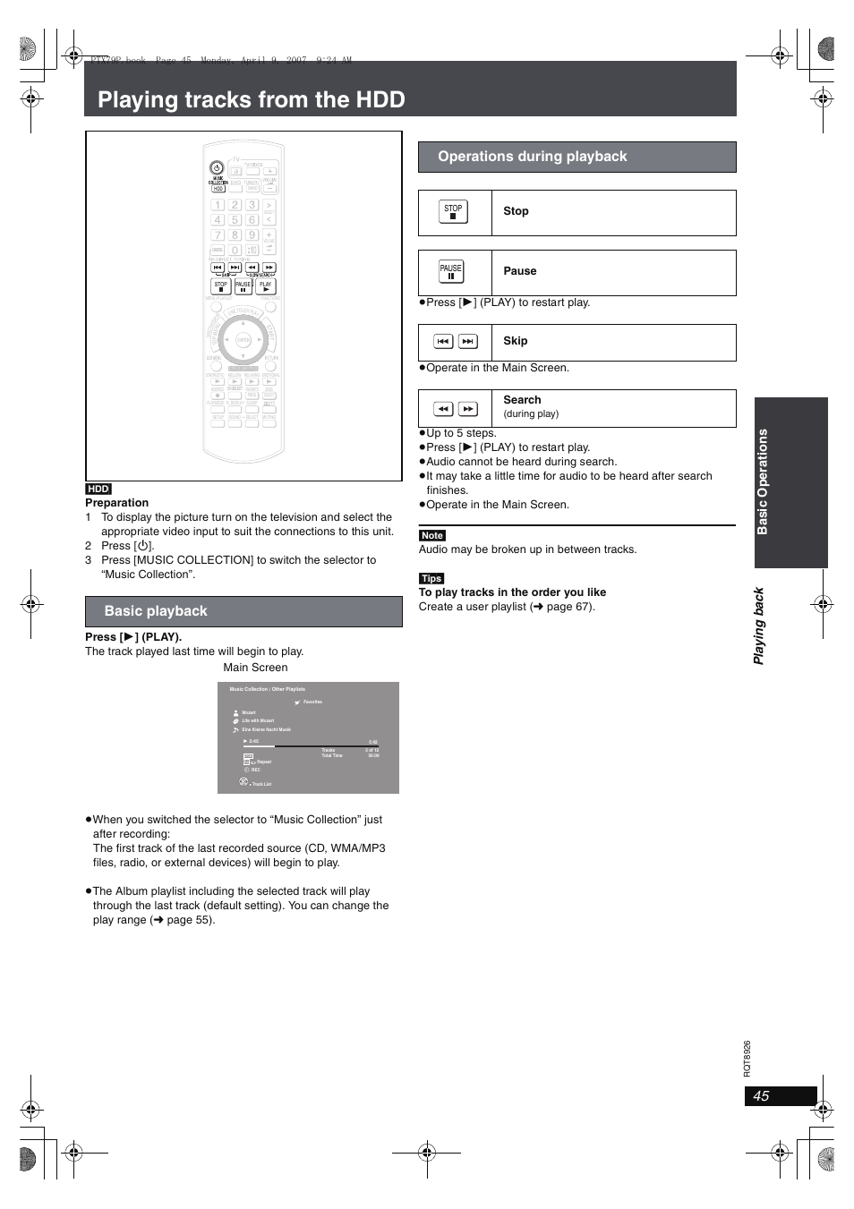 Playing tracks from the hdd, Basic playback, Operations during playback | Stop pause skip search | Panasonic SCPTX7 User Manual | Page 45 / 112