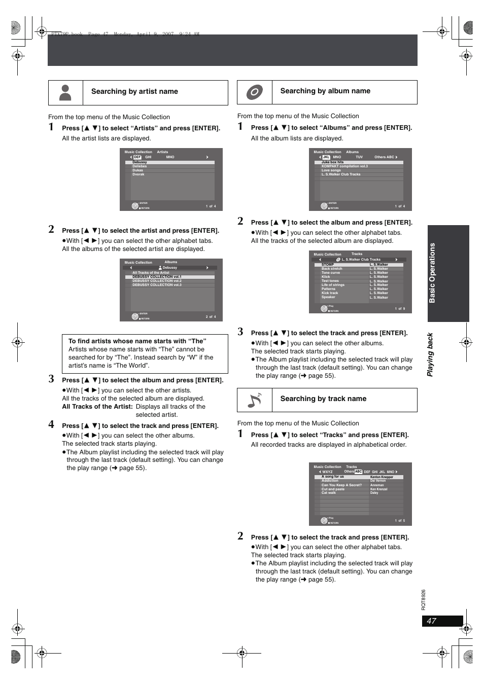 Searching by artist name, Searching by album name searching by track name | Panasonic SCPTX7 User Manual | Page 47 / 112