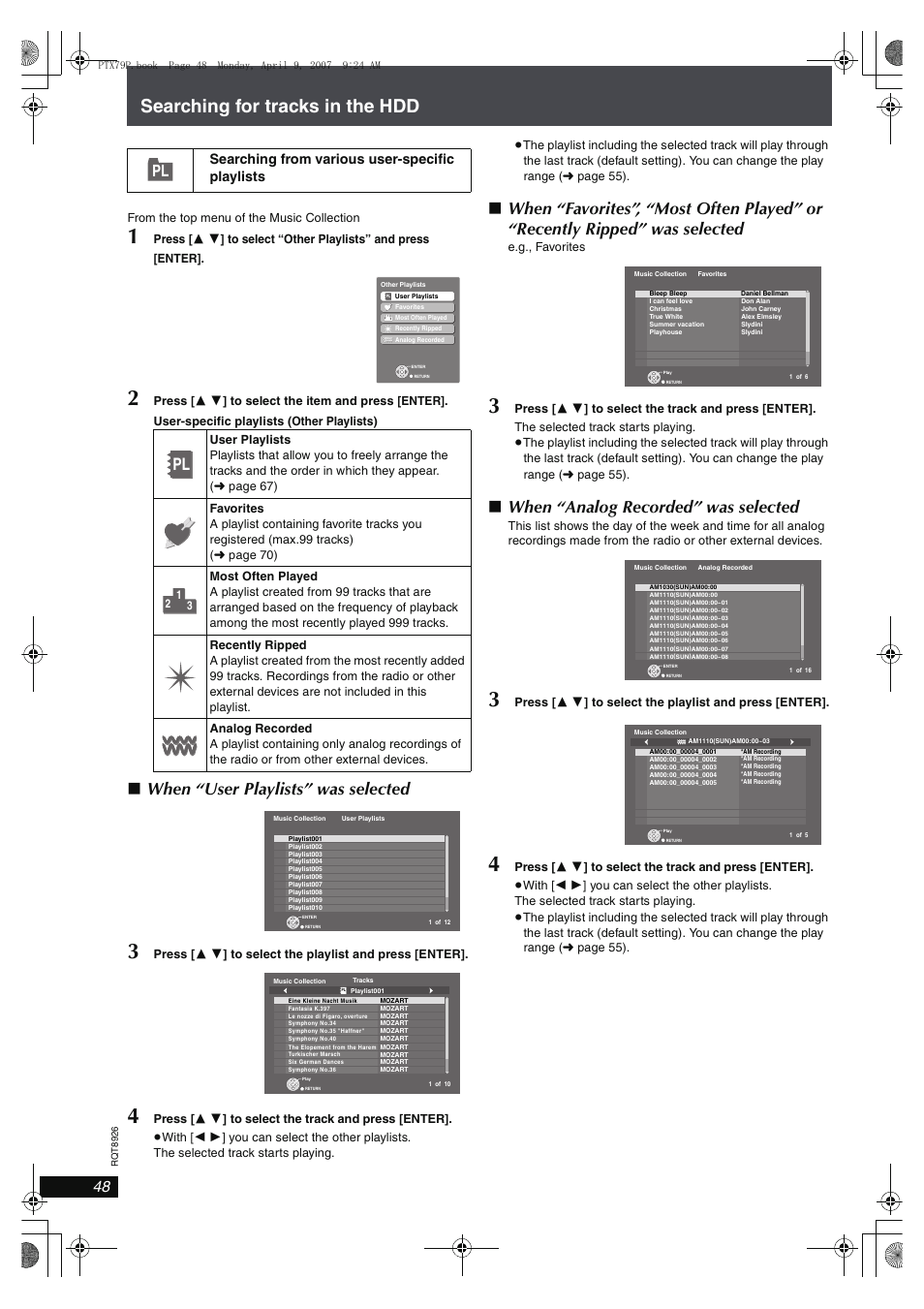 Searching for tracks in the hdd, When “user playlists” was selected, When “analog recorded” was selected | Searching from various user-specific playlists | Panasonic SCPTX7 User Manual | Page 48 / 112