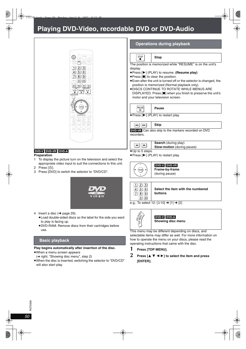 Playing dvd-video, recordable dvd or dvd-audio, Basic playback, Operations during playback | Press [top menu | Panasonic SCPTX7 User Manual | Page 50 / 112