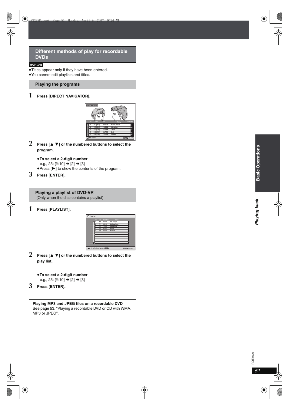 Different methods of play for recordable dvds, Playing the programs playing a playlist of dvd-vr, Press [direct navigator | Press [enter, Press [playlist | Panasonic SCPTX7 User Manual | Page 51 / 112