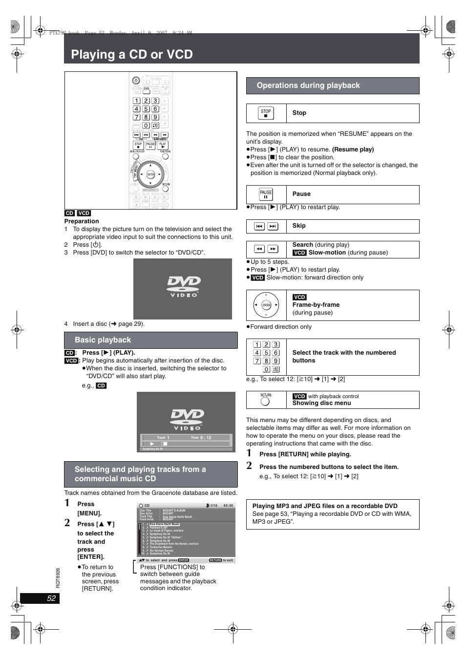 Playing a cd or vcd, Operations during playback | Panasonic SCPTX7 User Manual | Page 52 / 112
