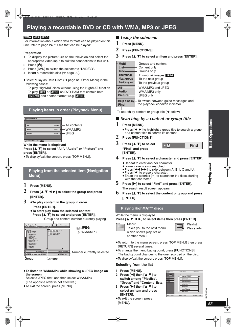 Using the submenu, Searching by a content or group title, Find | Panasonic SCPTX7 User Manual | Page 53 / 112