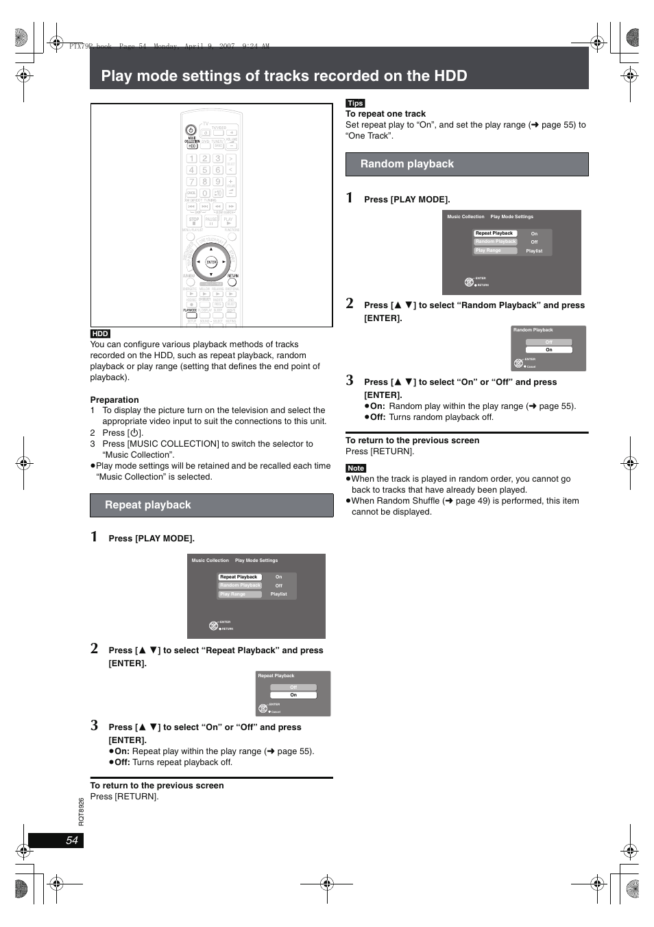 Play mode settings of tracks recorded on the hdd, Repeat playback, Random playback | Press [play mode | Panasonic SCPTX7 User Manual | Page 54 / 112