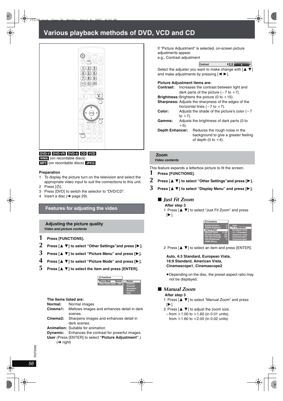 Various playback methods of dvd, vcd and cd, Just fit zoom, Manual zoom | Features for adjusting the video, Adjusting the picture quality, Zoom | Panasonic SCPTX7 User Manual | Page 56 / 112