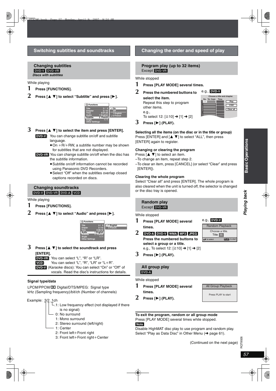Switching subtitles and soundtracks, Changing the order and speed of play | Panasonic SCPTX7 User Manual | Page 57 / 112