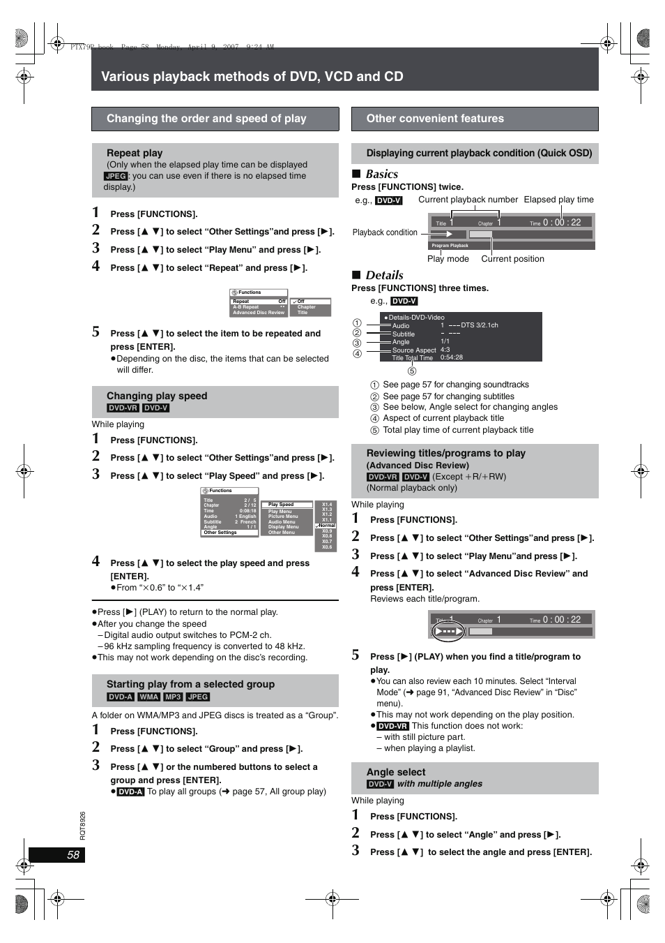 Various playback methods of dvd, vcd and cd, Basics, Details | Panasonic SCPTX7 User Manual | Page 58 / 112