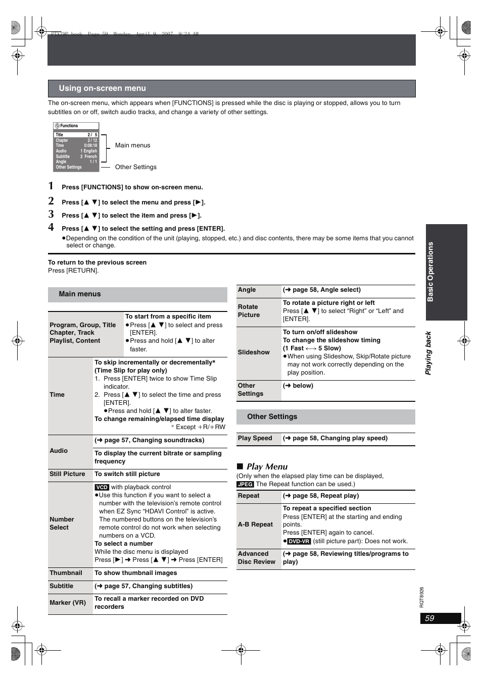 Play menu | Panasonic SCPTX7 User Manual | Page 59 / 112