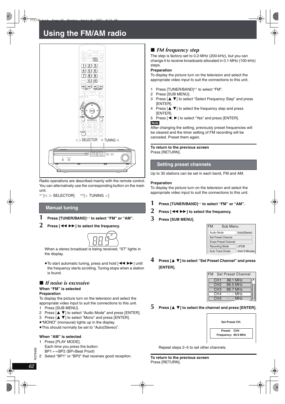 Using the fm/am radio, If noise is excessive, Fm frequency step | Manual tuning, Setting preset channels | Panasonic SCPTX7 User Manual | Page 62 / 112