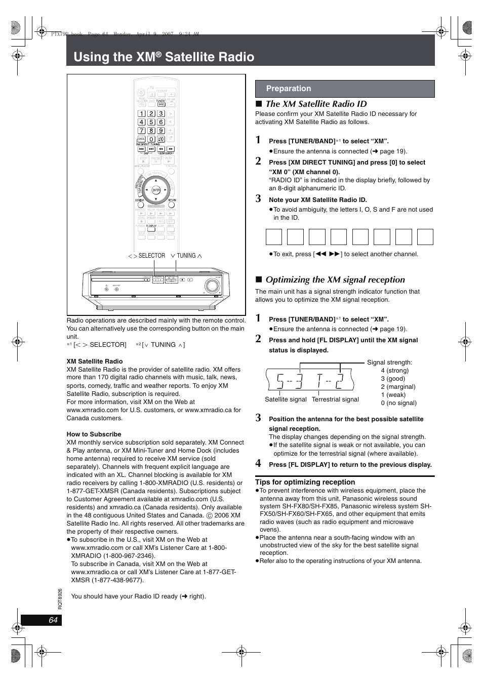 Using the xm, Satellite radio, The xm satellite radio id | Optimizing the xm signal reception, Preparation, Tips for optimizing reception | Panasonic SCPTX7 User Manual | Page 64 / 112