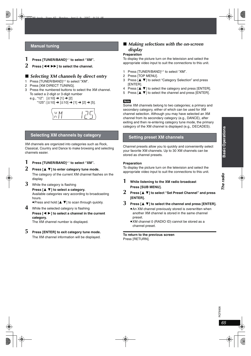 Selecting xm channels by direct entry, Making selections with the on-screen display | Panasonic SCPTX7 User Manual | Page 65 / 112