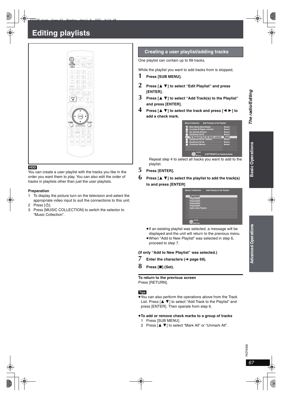 Editing playlists, Creating a user playlist/adding tracks | Panasonic SCPTX7 User Manual | Page 67 / 112