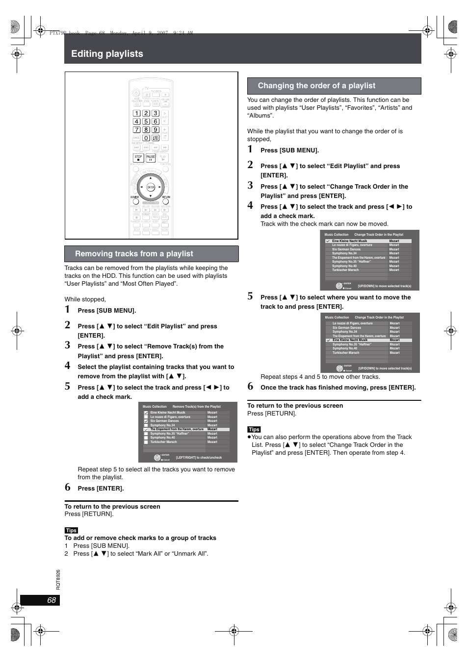 Editing playlists, Removing tracks from a playlist, Changing the order of a playlist | Panasonic SCPTX7 User Manual | Page 68 / 112