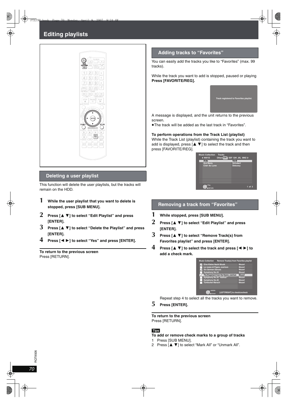 Editing playlists, Deleting a user playlist | Panasonic SCPTX7 User Manual | Page 70 / 112