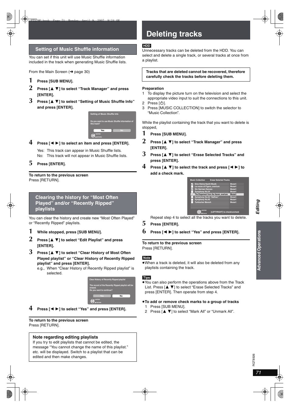 Deleting tracks | Panasonic SCPTX7 User Manual | Page 71 / 112
