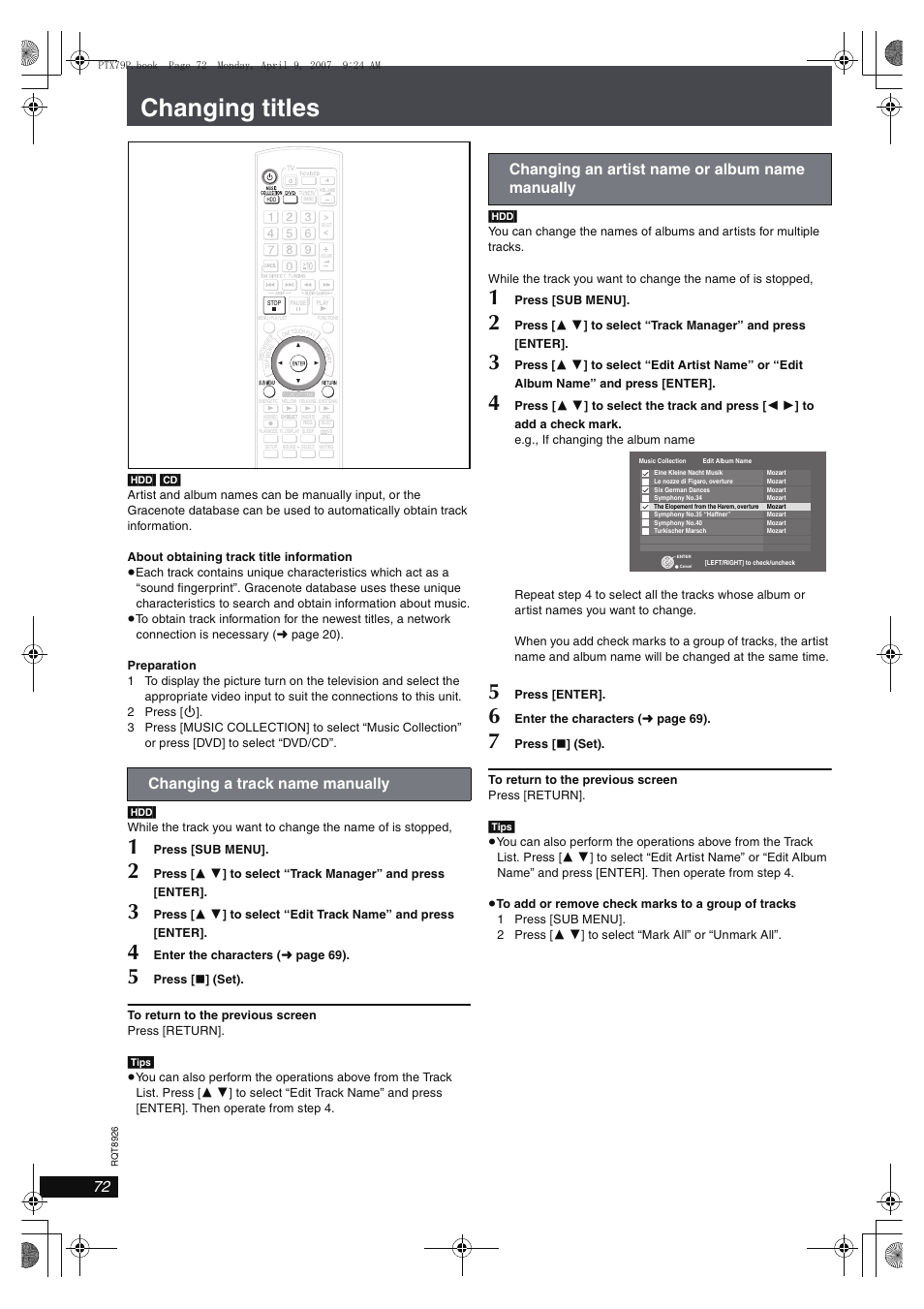 Changing titles, Changing a track name manually, Changing an artist name or album name manually | Panasonic SCPTX7 User Manual | Page 72 / 112