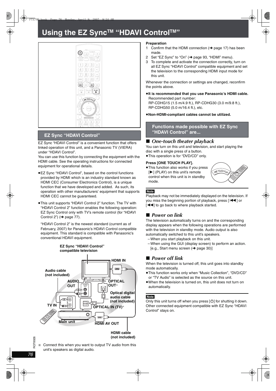 Using the ez sync, Hdavi control, One-touch theater playback | Power on link, Power off link, Ez sync “hdavi control | Panasonic SCPTX7 User Manual | Page 76 / 112