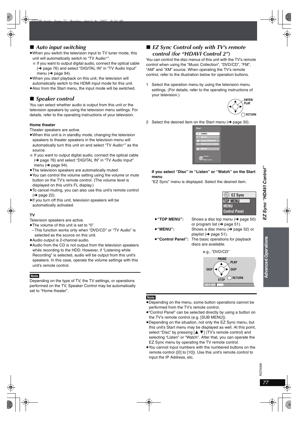 Auto input switching, Speaker control | Panasonic SCPTX7 User Manual | Page 77 / 112