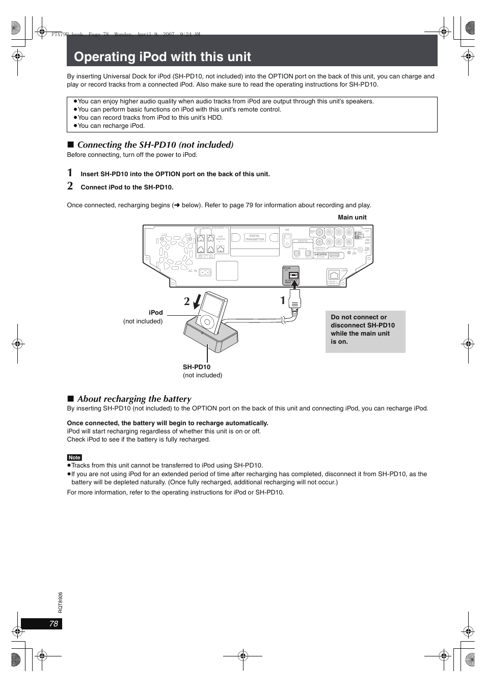 Operating ipod with this unit, Connecting the sh-pd10 (not included), About recharging the battery | Before connecting, turn off the power to ipod | Panasonic SCPTX7 User Manual | Page 78 / 112
