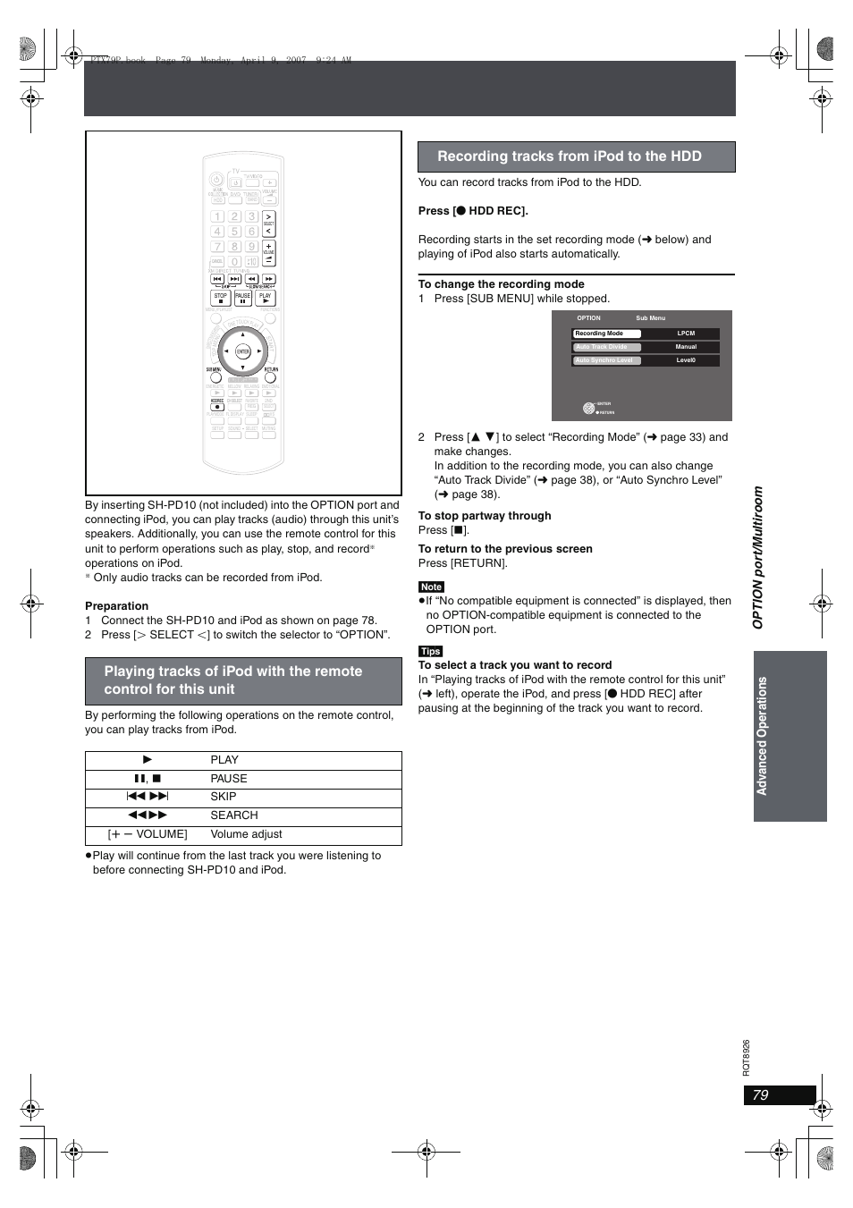 Recording tracks from ipod to the hdd | Panasonic SCPTX7 User Manual | Page 79 / 112