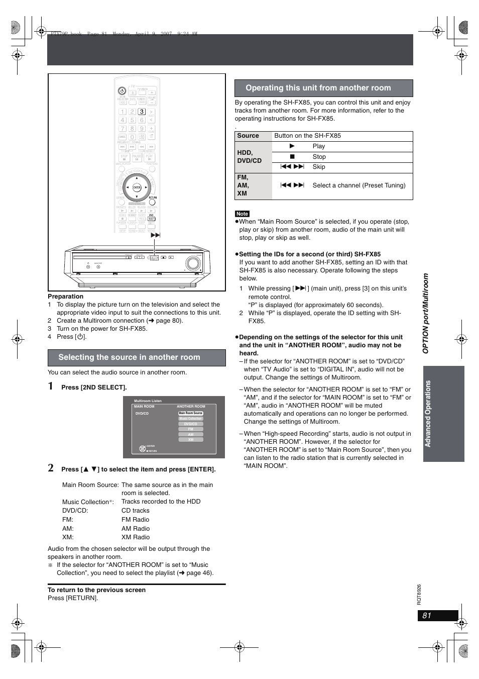 Selecting the source in another room, Operating this unit from another room | Panasonic SCPTX7 User Manual | Page 81 / 112