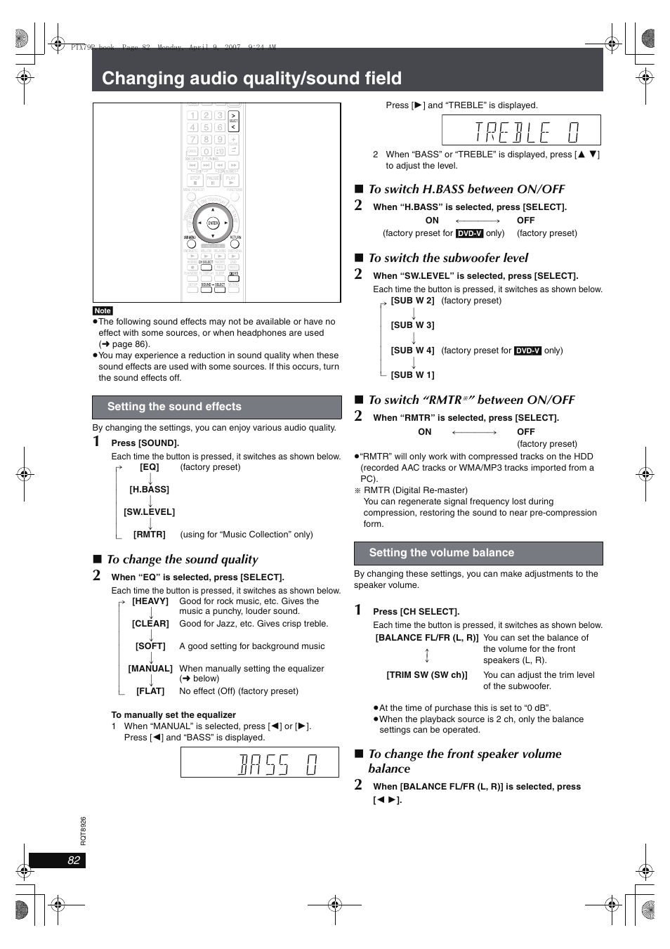 Changing audio quality/sound field, Between on/off, Setting the sound effects | Setting the volume balance | Panasonic SCPTX7 User Manual | Page 82 / 112