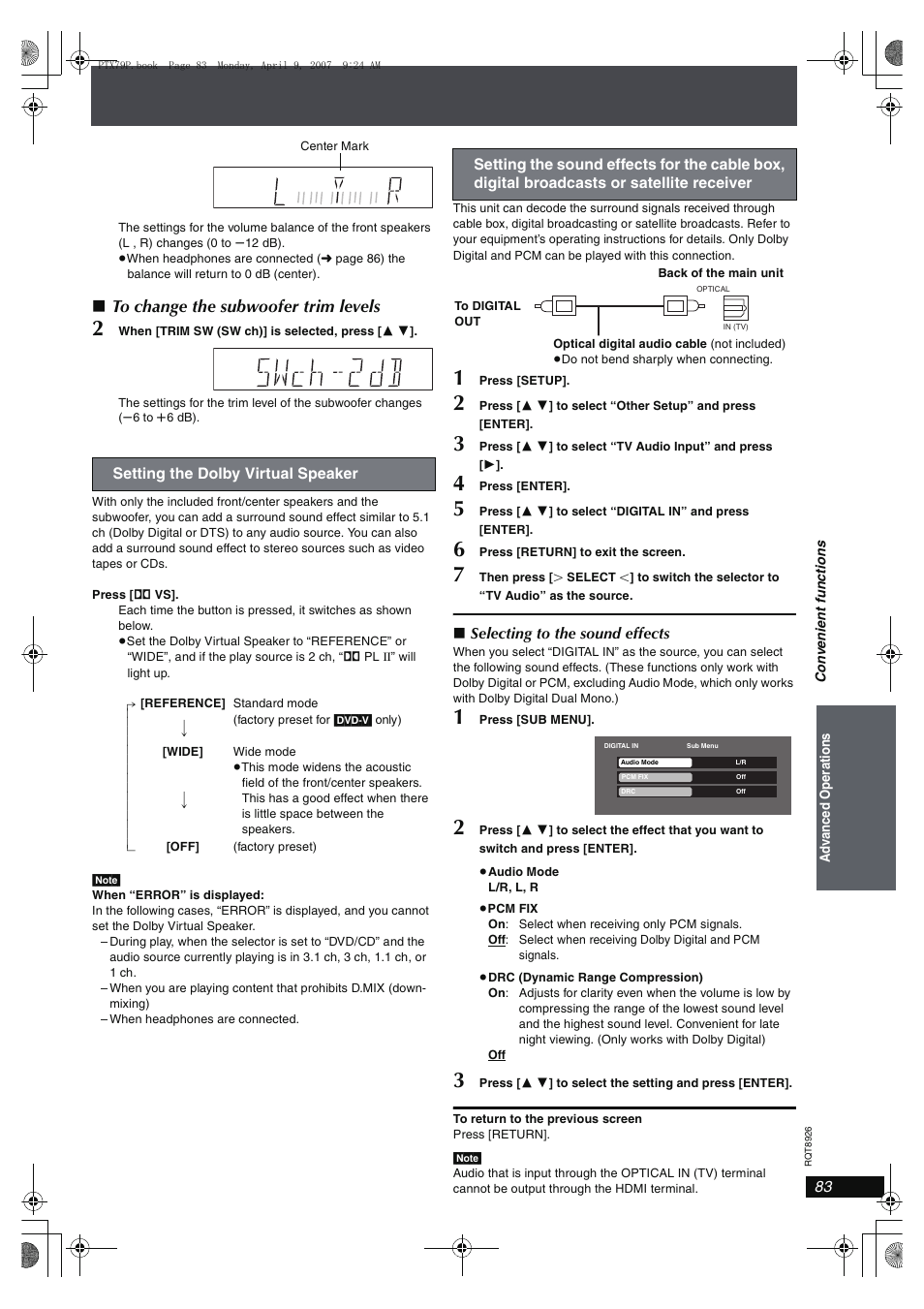 Selecting to the sound effects, Setting the dolby virtual speaker | Panasonic SCPTX7 User Manual | Page 83 / 112