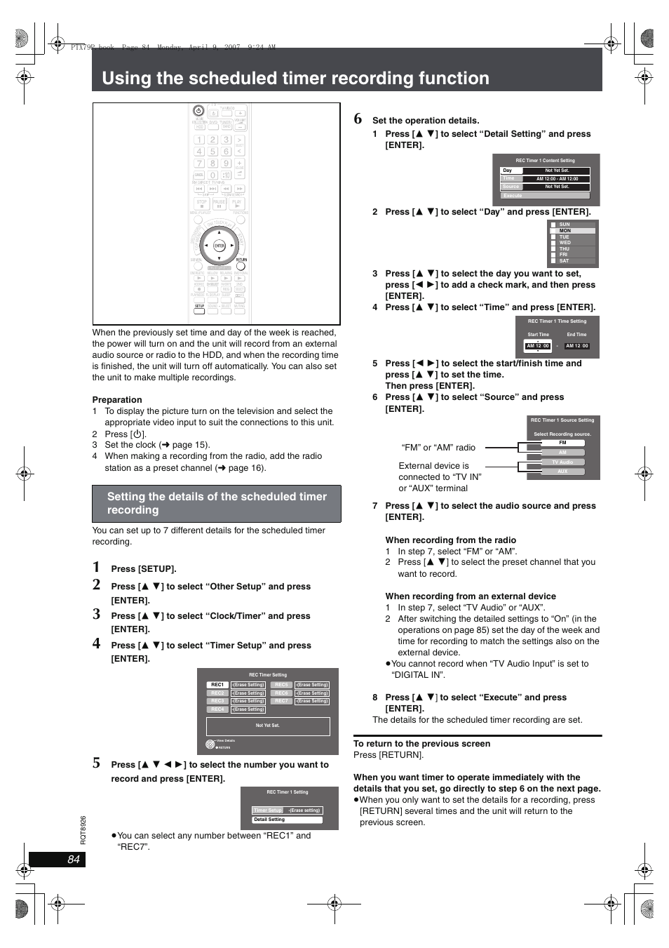 Using the scheduled timer recording function | Panasonic SCPTX7 User Manual | Page 84 / 112