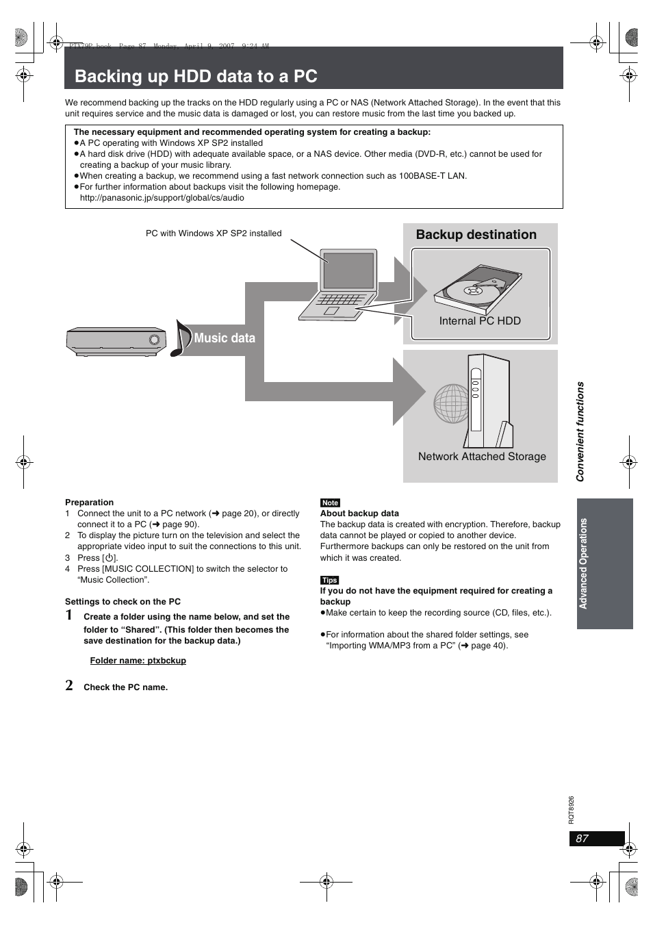 Backing up hdd data to a pc, Music data backup destination | Panasonic SCPTX7 User Manual | Page 87 / 112