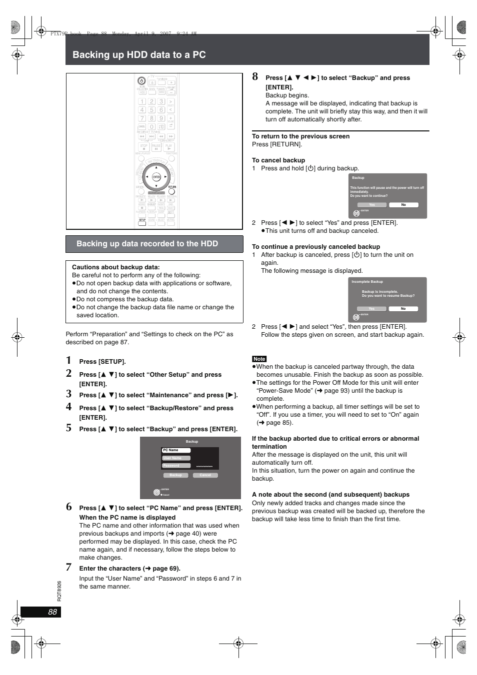 Backing up hdd data to a pc, Backing up data recorded to the hdd | Panasonic SCPTX7 User Manual | Page 88 / 112