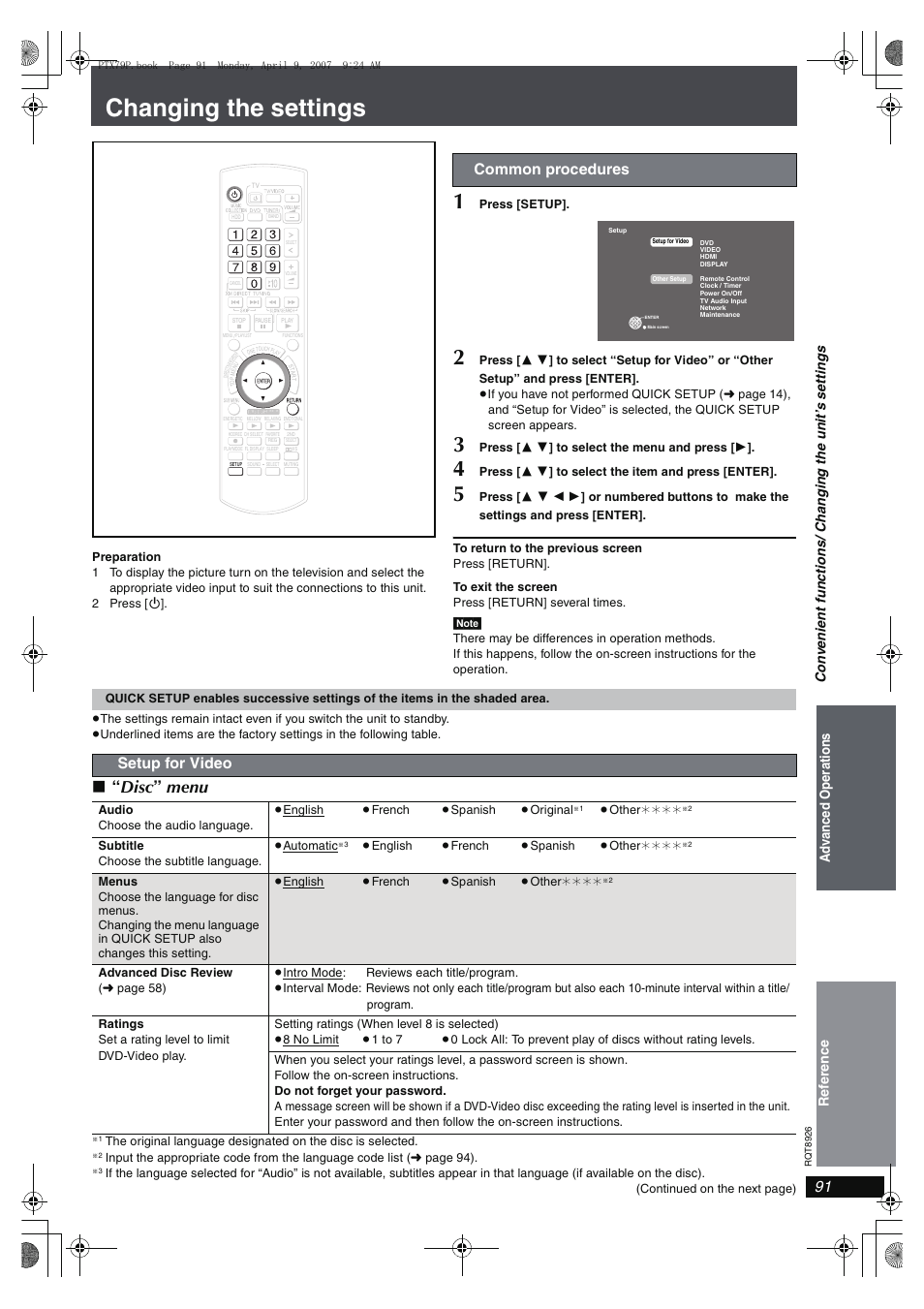 Changing the settings, Disc ” menu, Common procedures | Setup for video | Panasonic SCPTX7 User Manual | Page 91 / 112