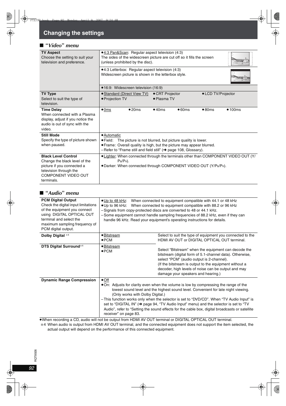 Changing the settings, Video ” menu ∫ “ audio ” menu | Panasonic SCPTX7 User Manual | Page 92 / 112