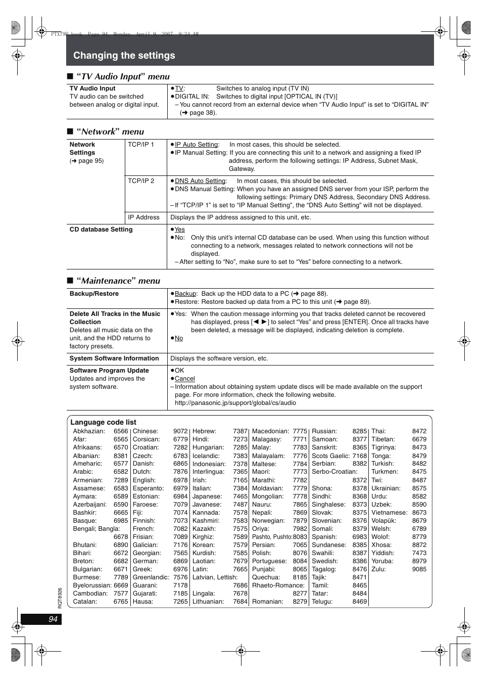 Changing the settings | Panasonic SCPTX7 User Manual | Page 94 / 112