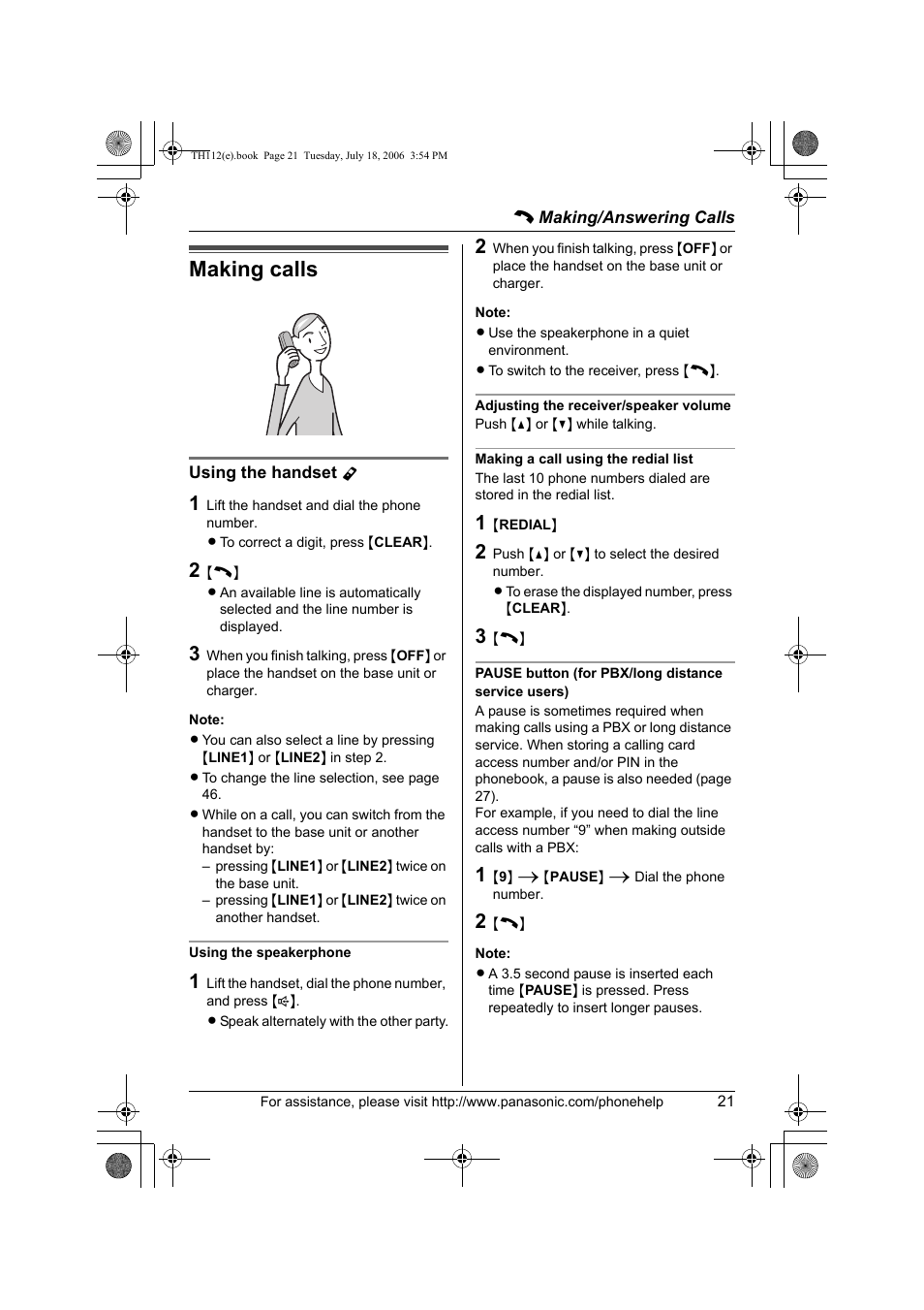 Making/answering calls, Making calls | Panasonic KX-TH112 User Manual | Page 21 / 92