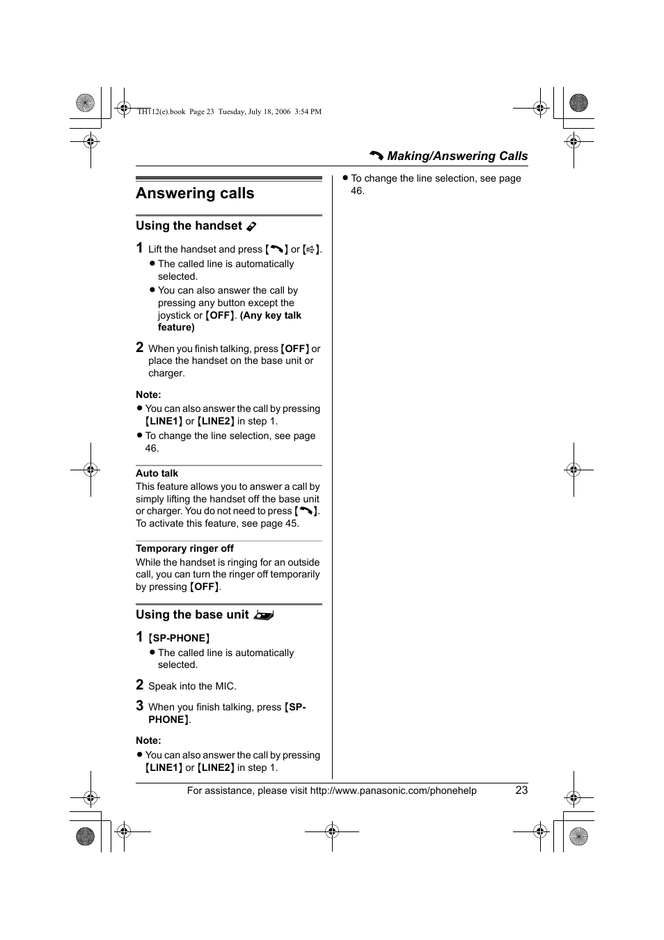 Answering calls | Panasonic KX-TH112 User Manual | Page 23 / 92