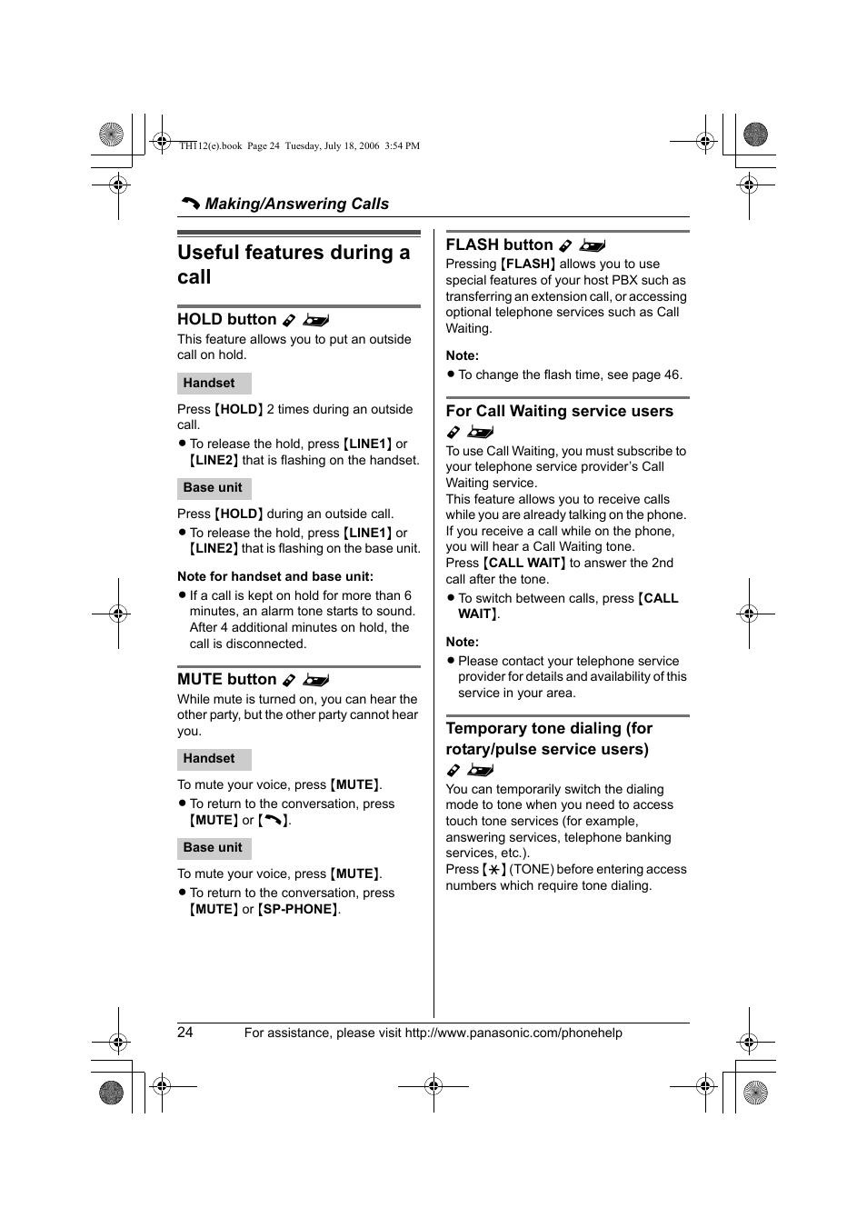 Useful features during a call | Panasonic KX-TH112 User Manual | Page 24 / 92