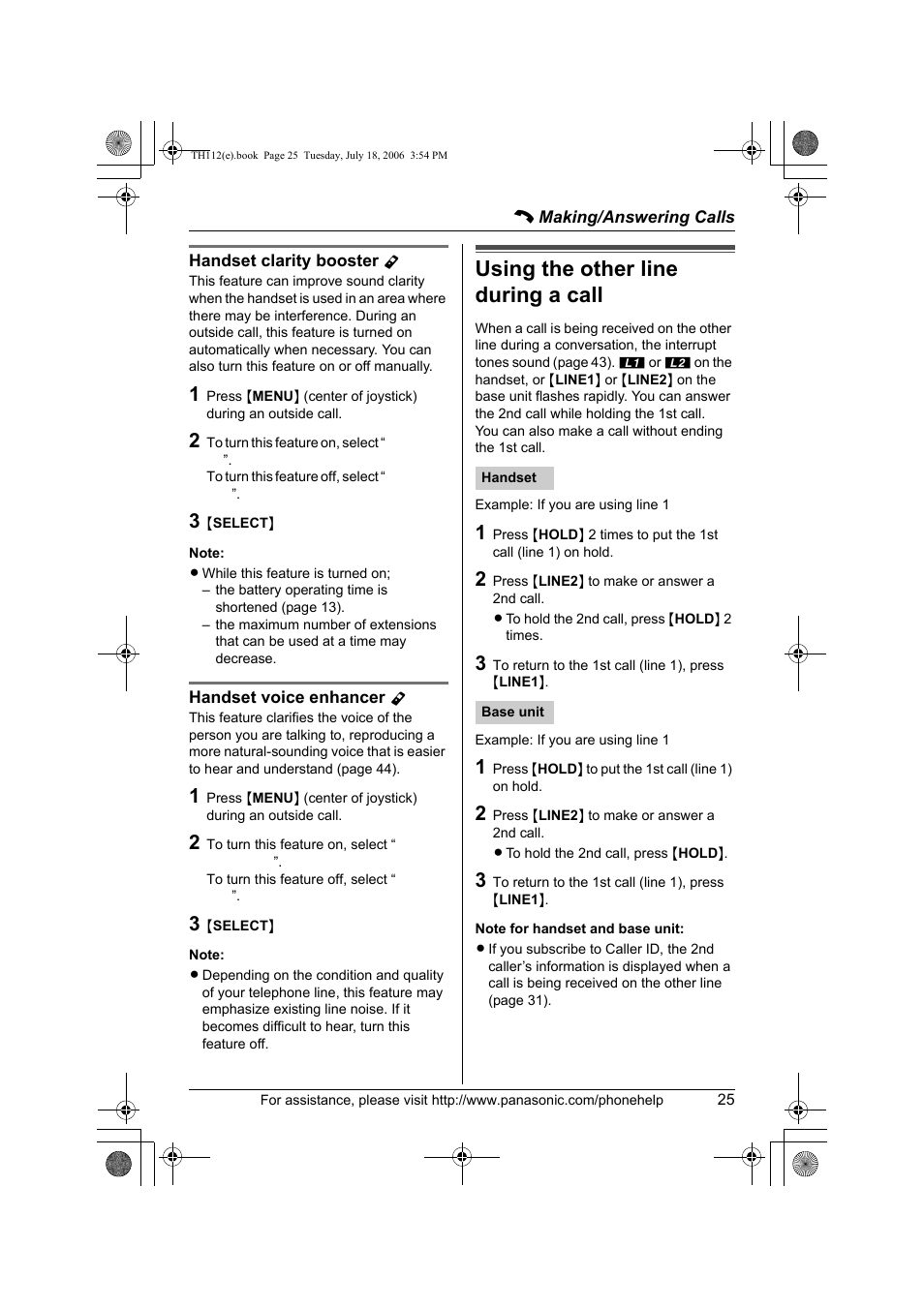 Using the other line during a call | Panasonic KX-TH112 User Manual | Page 25 / 92