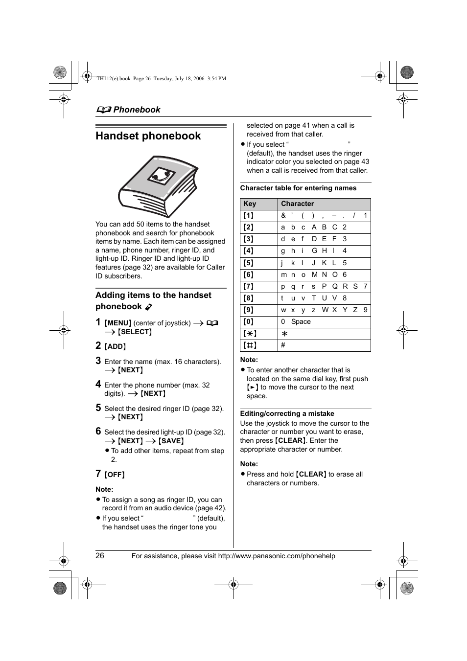 Phonebook, Handset phonebook | Panasonic KX-TH112 User Manual | Page 26 / 92