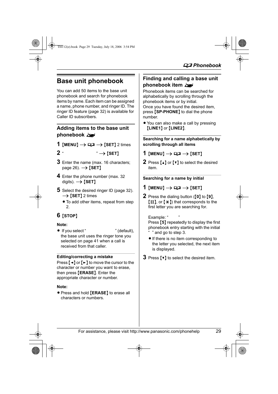 Base unit phonebook | Panasonic KX-TH112 User Manual | Page 29 / 92