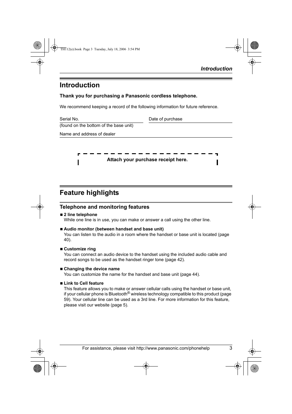 Introduction, Feature highlights | Panasonic KX-TH112 User Manual | Page 3 / 92