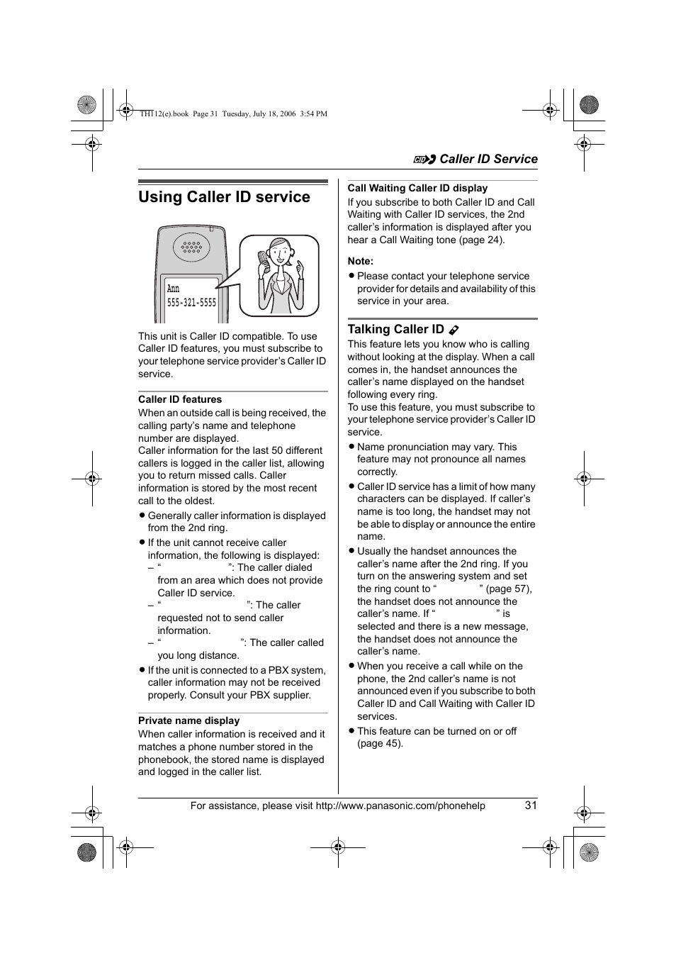 Caller id service, Using caller id service | Panasonic KX-TH112 User Manual | Page 31 / 92