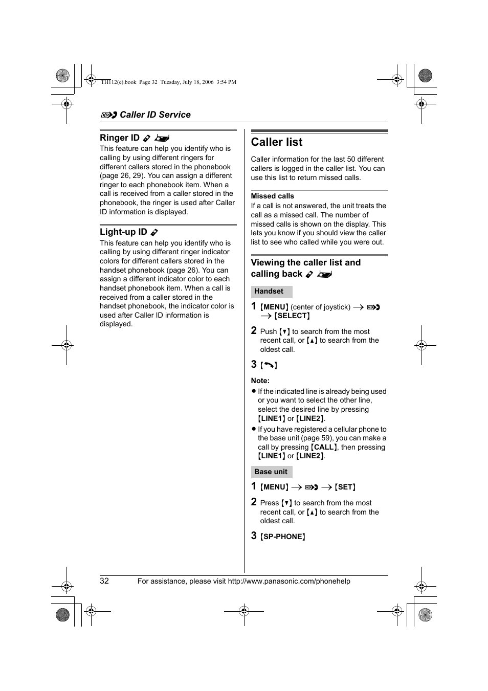 Caller list | Panasonic KX-TH112 User Manual | Page 32 / 92