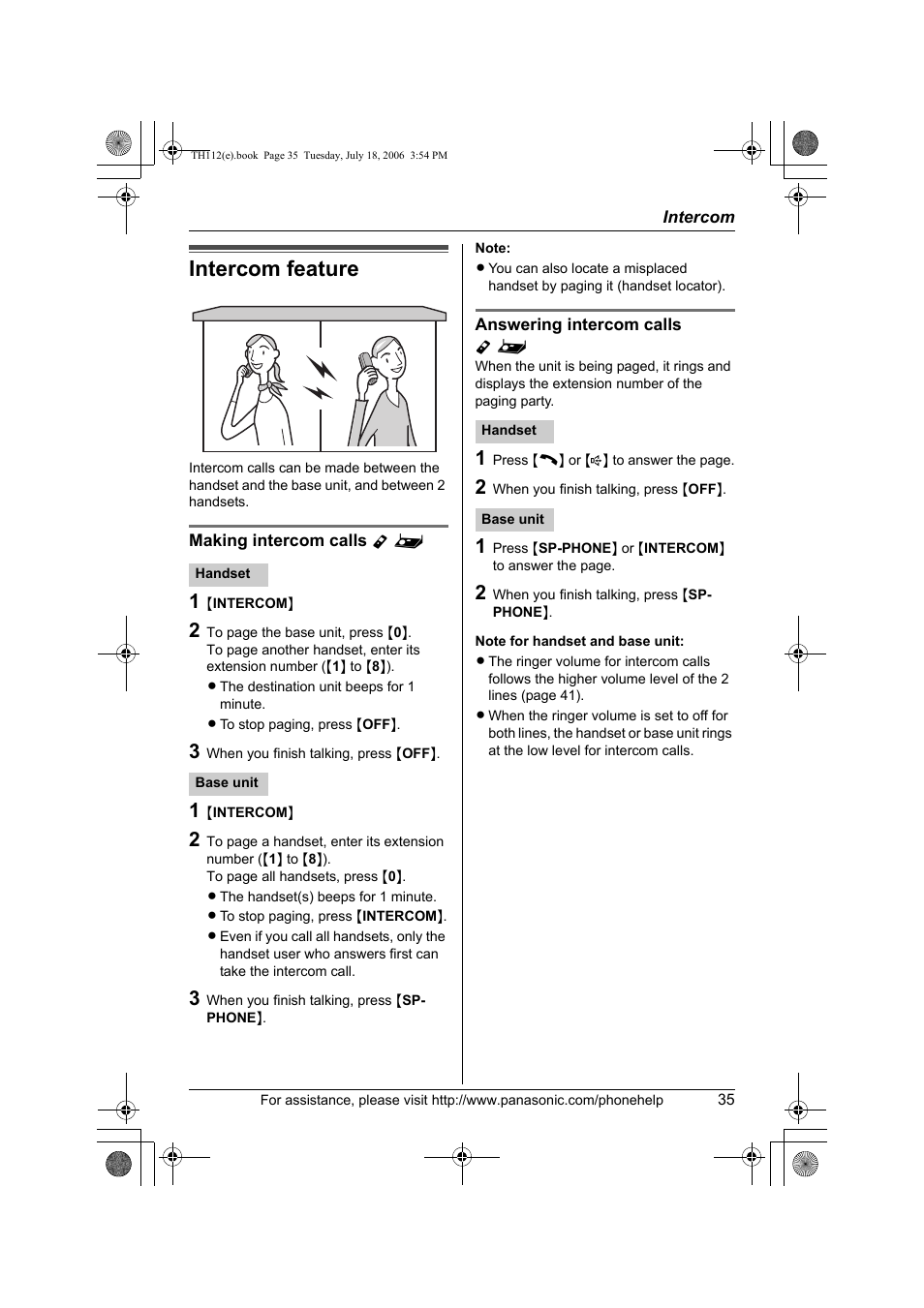 Intercom, Intercom feature | Panasonic KX-TH112 User Manual | Page 35 / 92