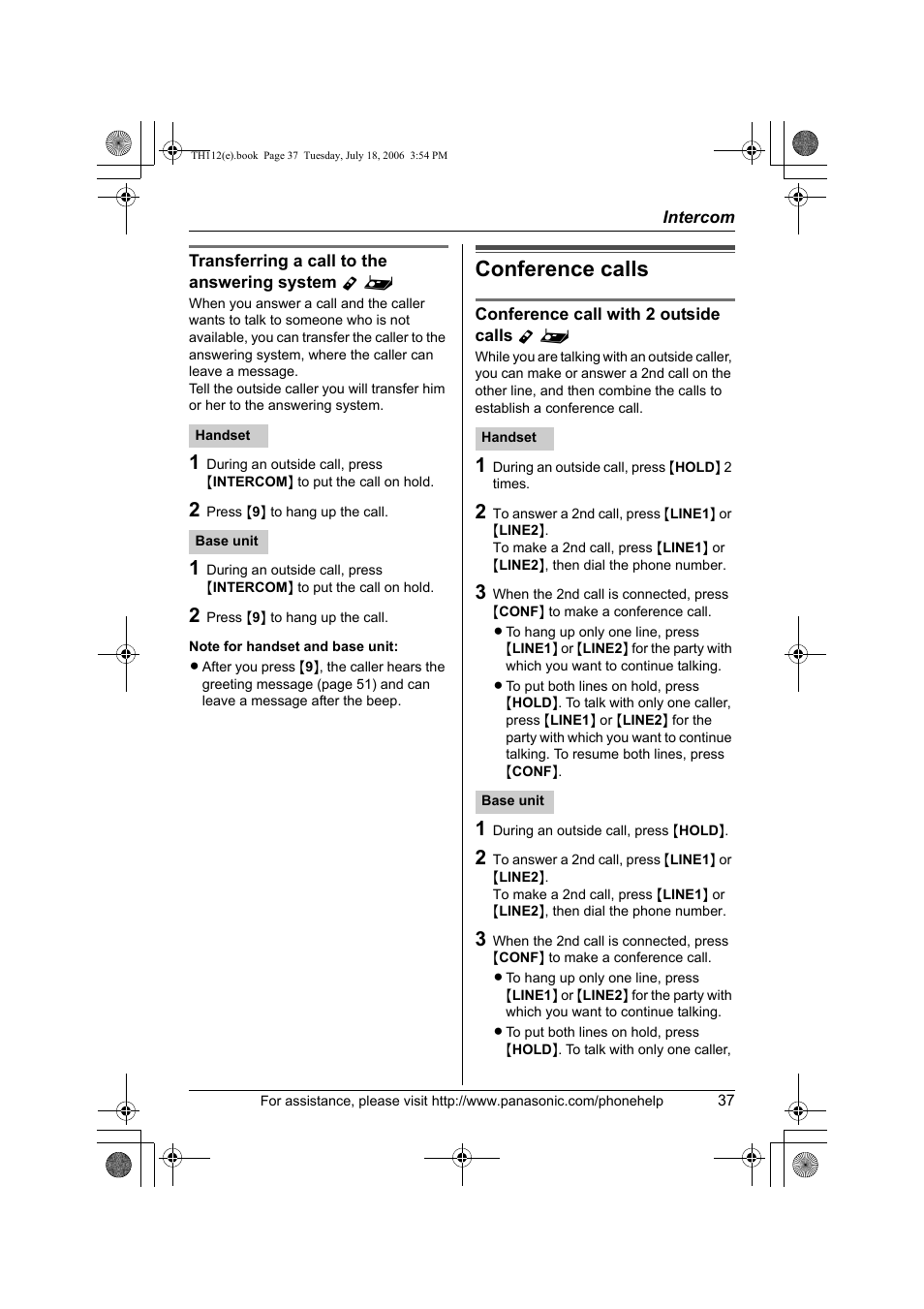 Conference calls | Panasonic KX-TH112 User Manual | Page 37 / 92
