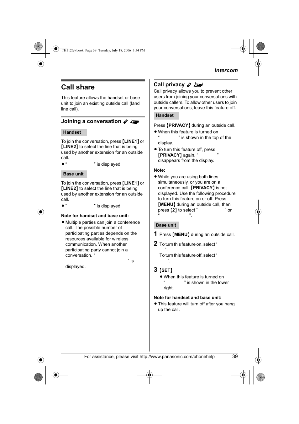 Call share | Panasonic KX-TH112 User Manual | Page 39 / 92