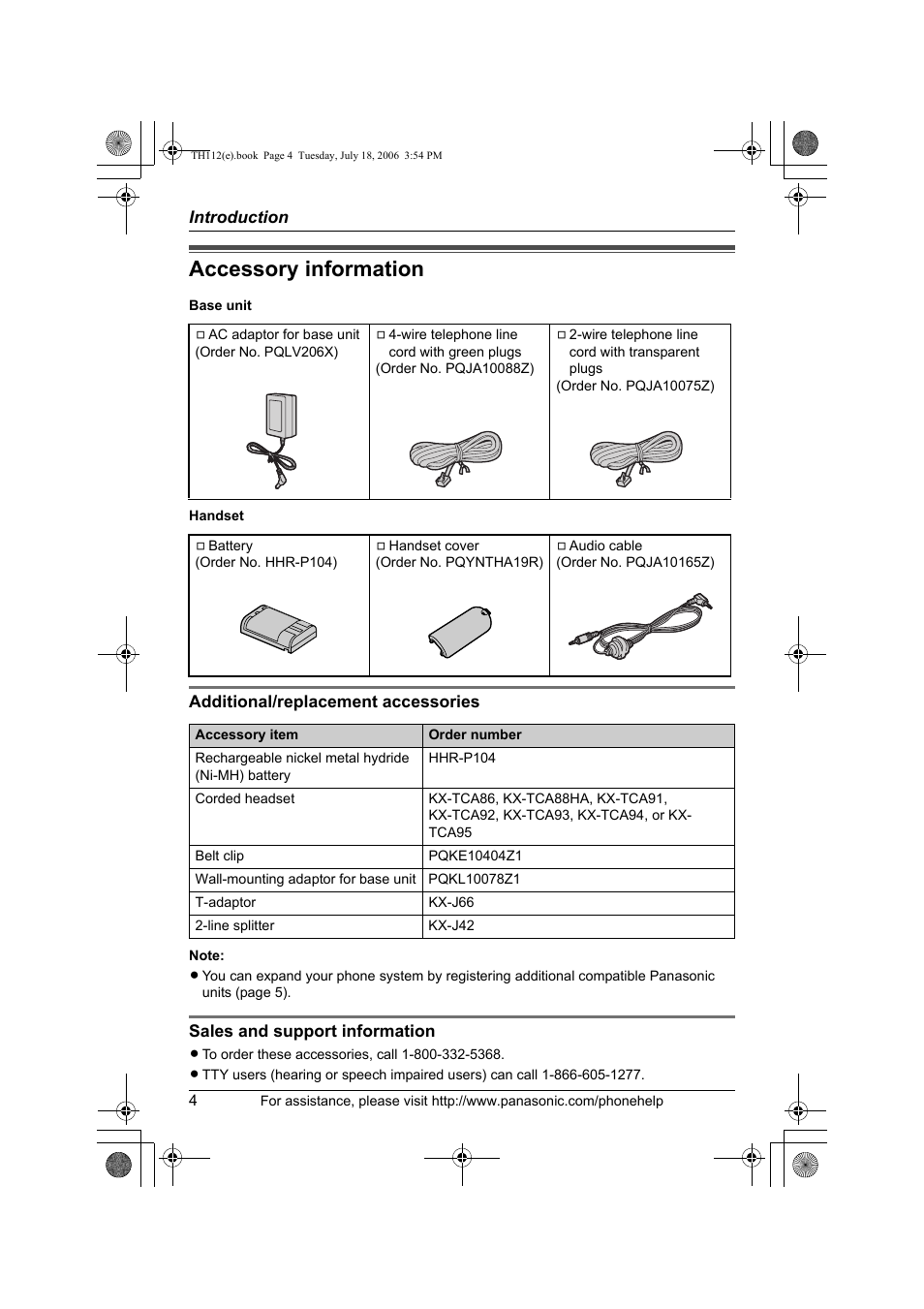 Accessory information | Panasonic KX-TH112 User Manual | Page 4 / 92