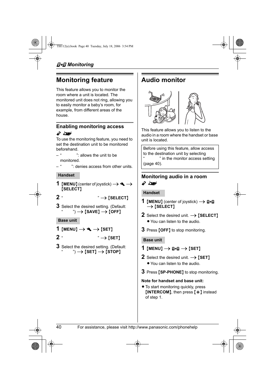 Monitoring, Monitoring feature, Audio monitor | Panasonic KX-TH112 User Manual | Page 40 / 92